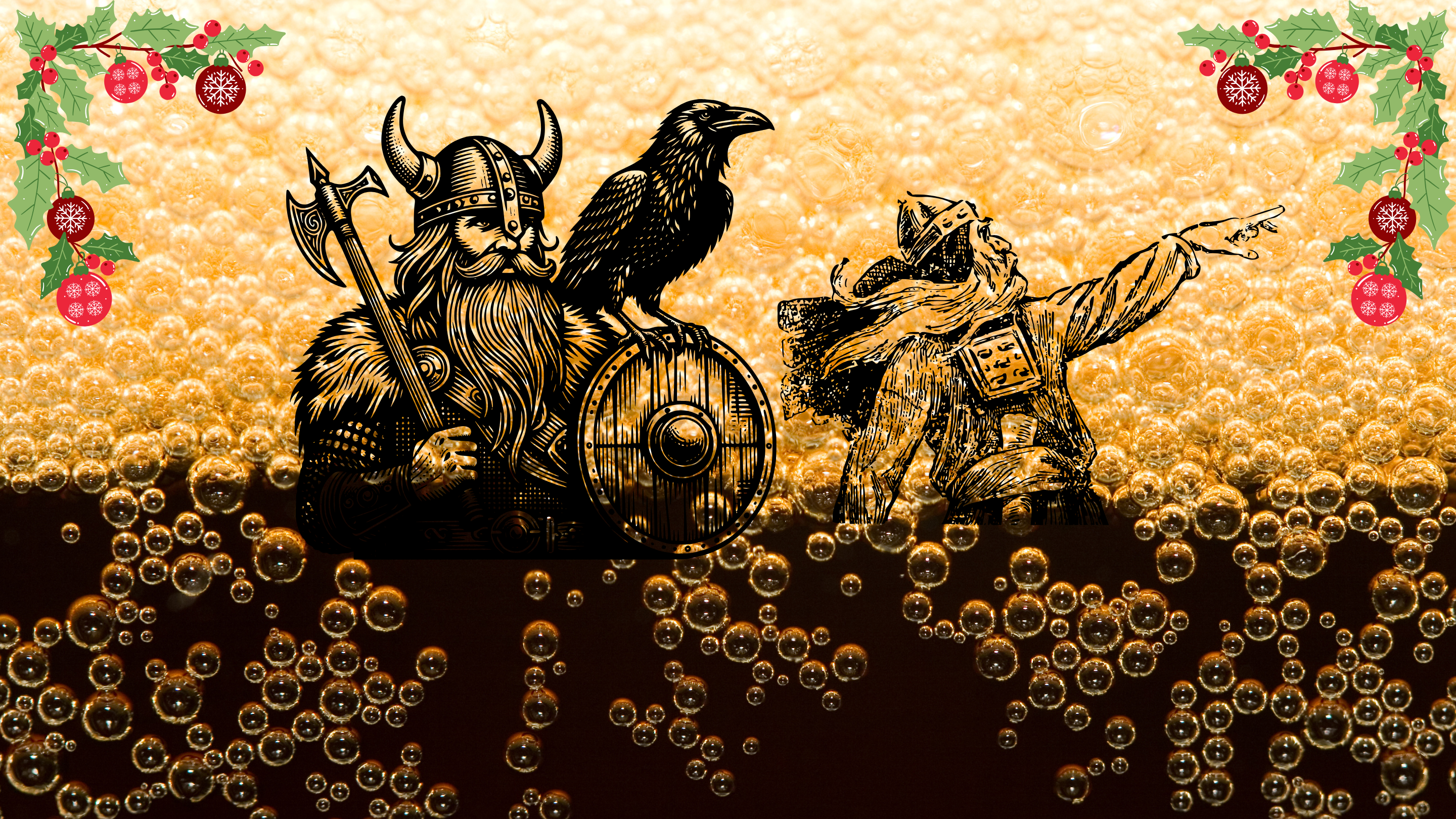 Illustration of Vikings and a raven rising from foaming Christmas beer, with festive decorations around the edges.