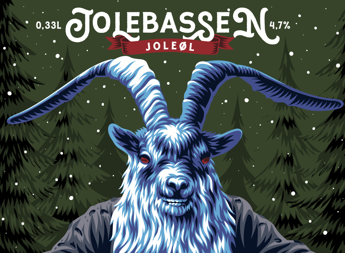 Illustration of the Christmas beer label J&oslash;lebassen featuring a blue goat-masked figure in front of a dark spruce forest with falling snow.
