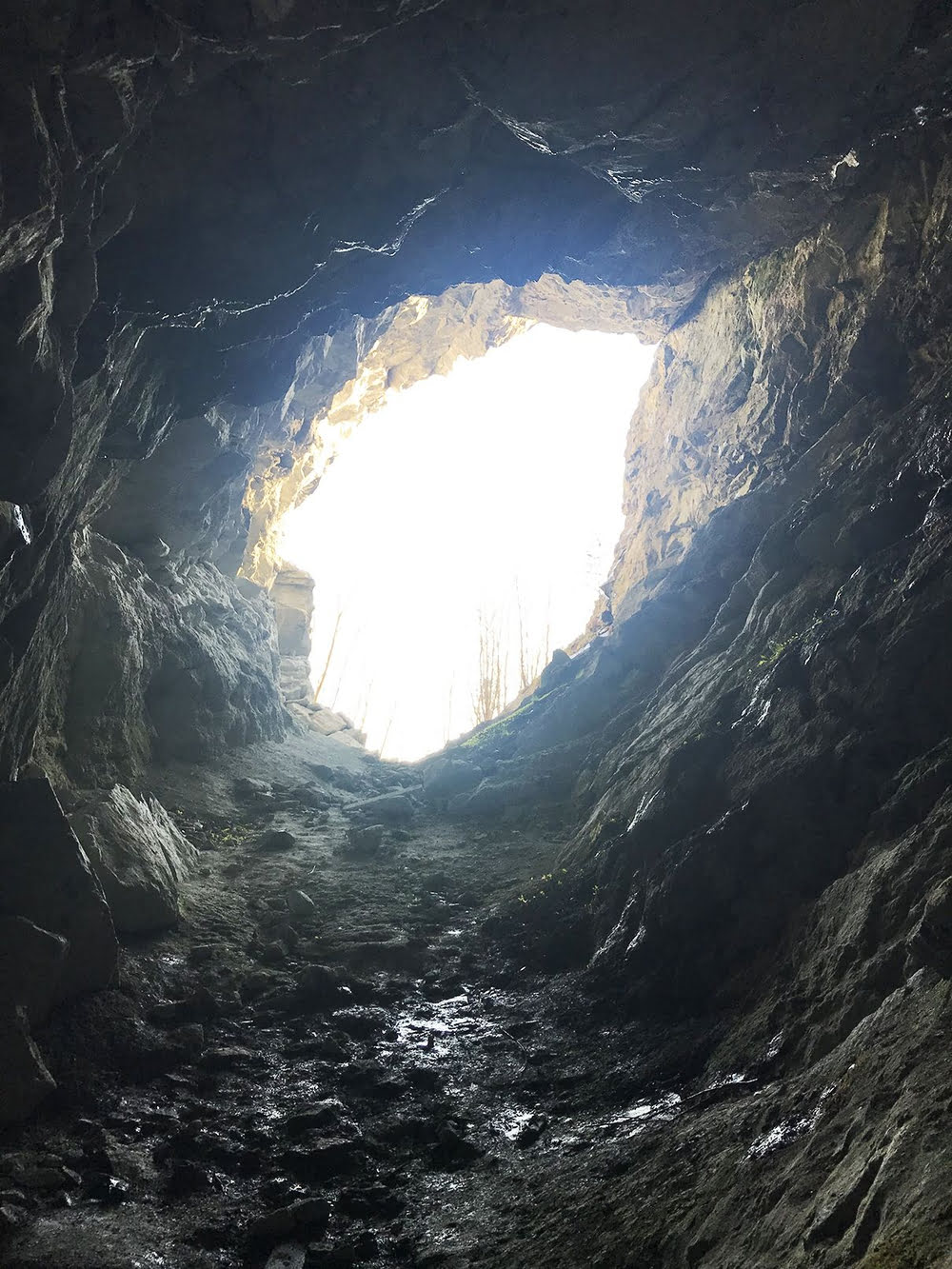 Hamnsundhellaren cave with daylight streaming through